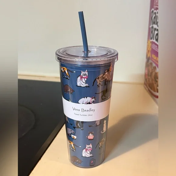 Vera Bradley Blue Cat Print Travel Tumbler with Straw - Picture 1 of 5